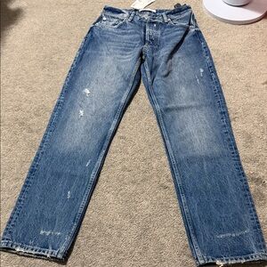 Zara Men's Straight Jeans in Medium Blue with Light Distress